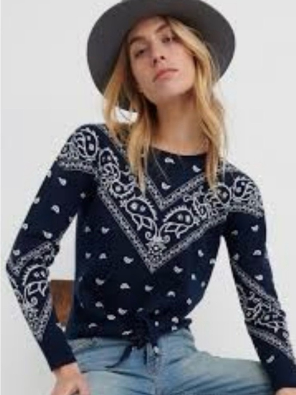 Lucky Brand Navy and White Bandana-Knit Long Sleeve Top